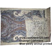 Cashmere Wool Shawl Blue Paisly Leopard Ty0901